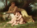 抱きしめる2人の子供を熟考する若い女性 リアリズム ウィリアム・アドルフ・ブーグロー